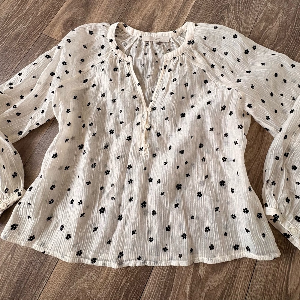 LOFT Cream and Black Floral Blouse